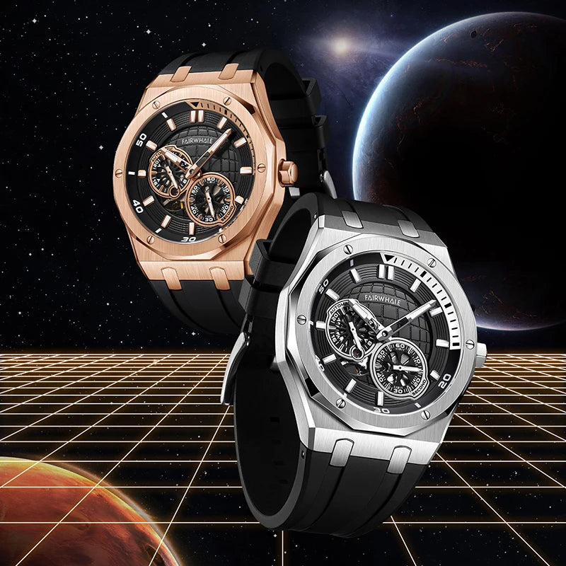 Custom Wholesale Bestselling Interstellar Sci-Fi Mechanical Watch Trendy Octagonal Case Luminous Waterproof Men Wristwatch-0