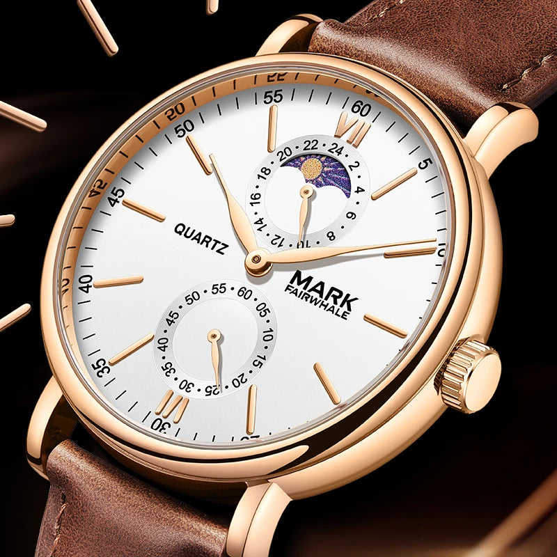Mark Fairwhale 2023 Business Men Watches Brand Leather Waterproof Sport Quartz Chronograph Watch Men Clock-1