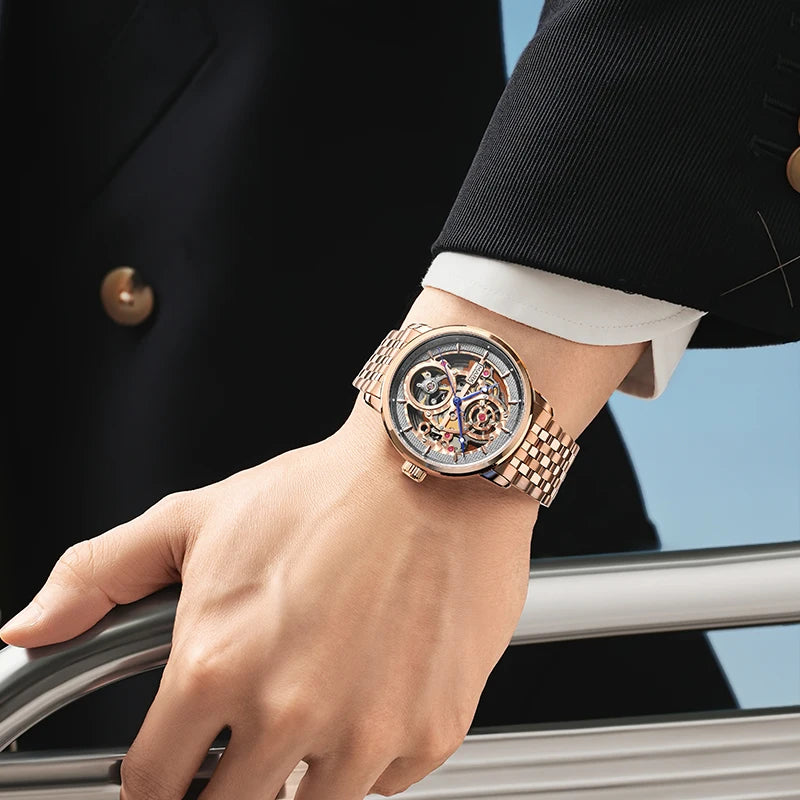 Mark Fairwhale Luxury Skeleton Design Wrist Watch Stainless Steel Strap Waterproof Business Automatic Mens Mechanical Watches-4