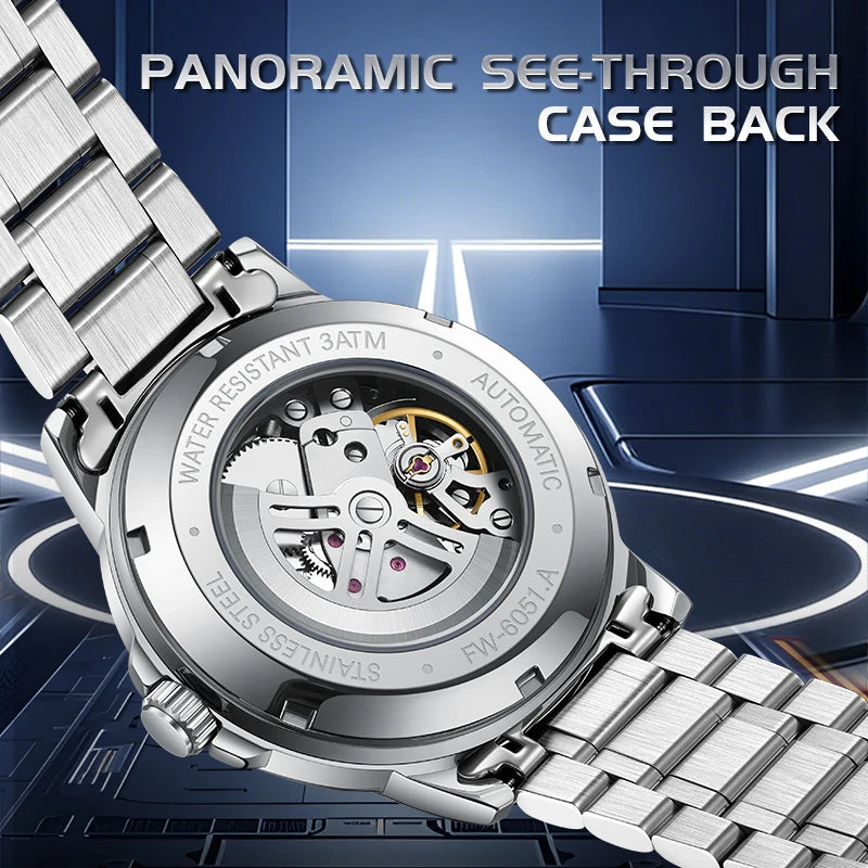 Mark Fairwhale Automatic Mechanical Skeleton Watch Luminous Water Resistant Metal Mens Casual Commute Watch-2