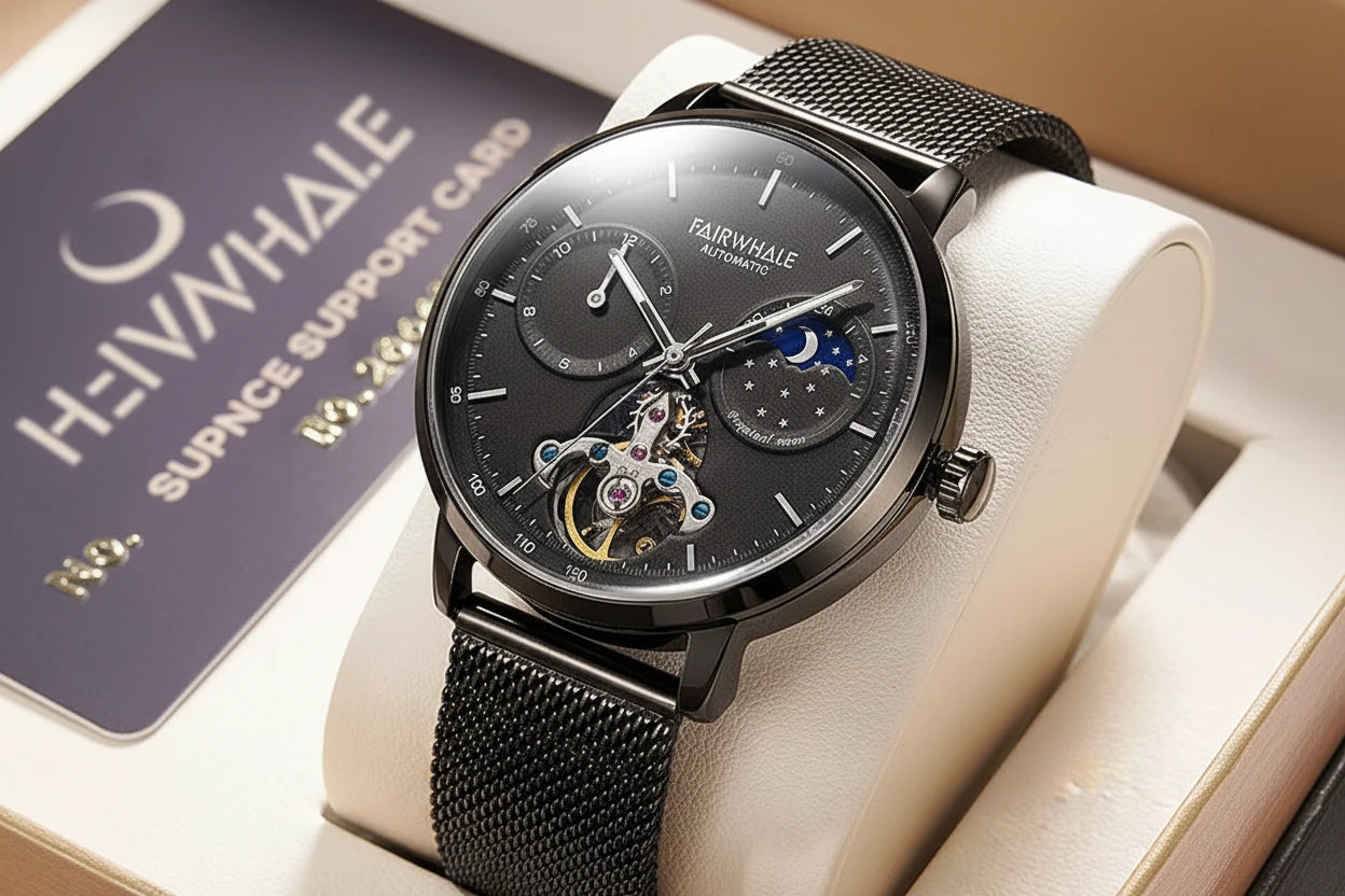 Black Luxury Mechanical Movement Automatic Fashion Leather Strap Men Tourbillon Wrist Watch-9