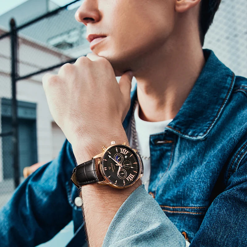 Low MOQ Customize Top Brand Luxury Men Leather Watch Stainless Steel Men Quartz Watches Date Display Multifunctional Watch-3