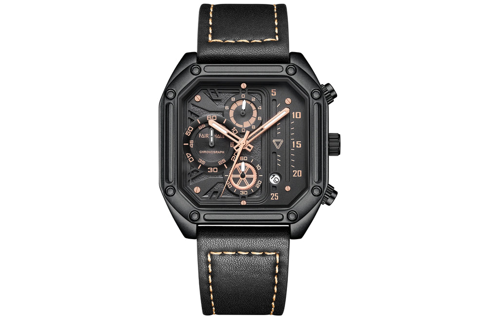 Latest Stainless Steel Skeleton Fashion Octagon Case Design 3ATM Water Resistant Calendar Leather Quartz Watches Sports Watches-5