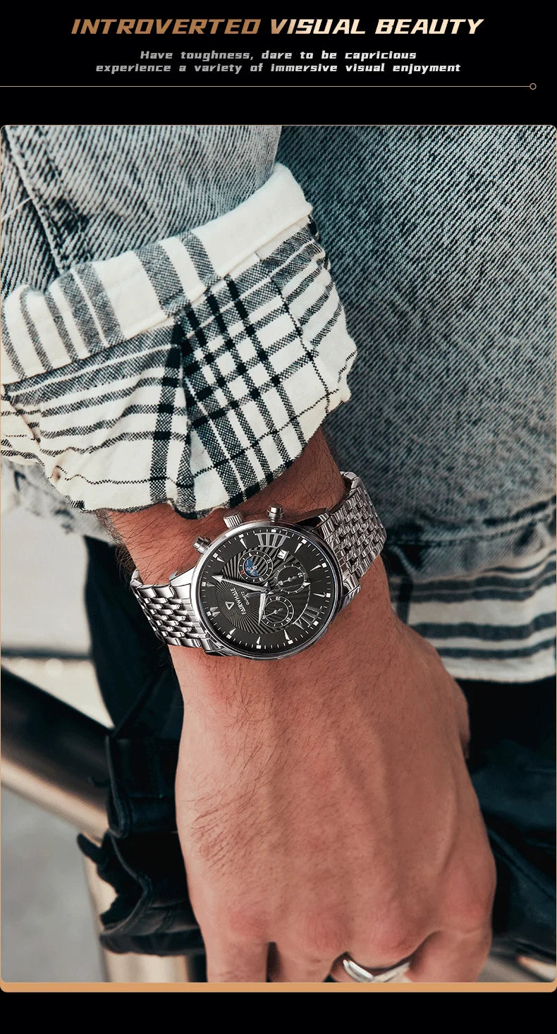 Low MOQ Customize Top Brand Luxury Men Leather Watch Stainless Steel Men Quartz Watches Date Display Multifunctional Watch-5