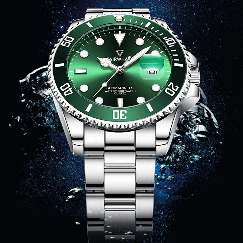 Mark Fairwhale Wrist Watch Fashion Calendar Stainless Green and Black Men Quartz Watch High Quality Classic Ultra Thin Watches-0