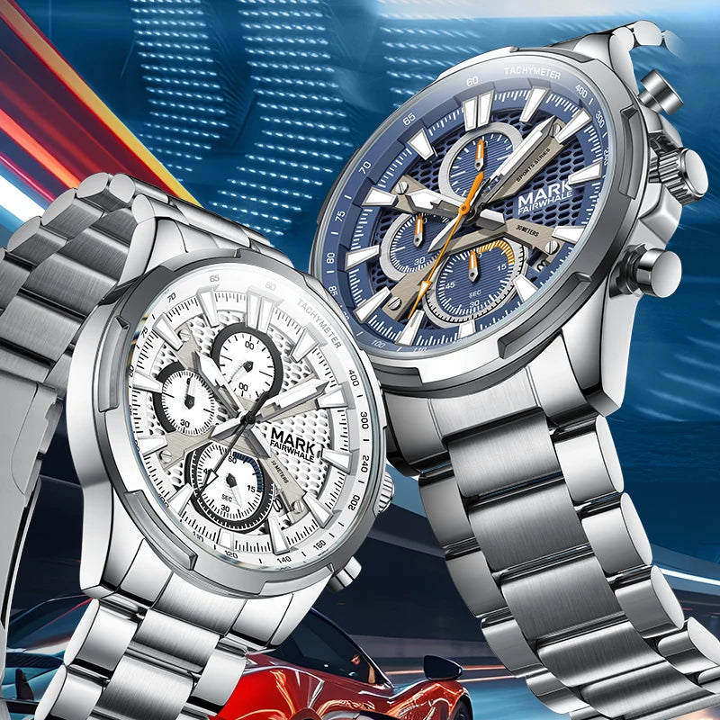 Mark Fairwhale Waterproof Men's  Quartz Watch Stainless Steel Band 3Eye Luminous Dial  Scratch-Resistant Business Chronograph-0