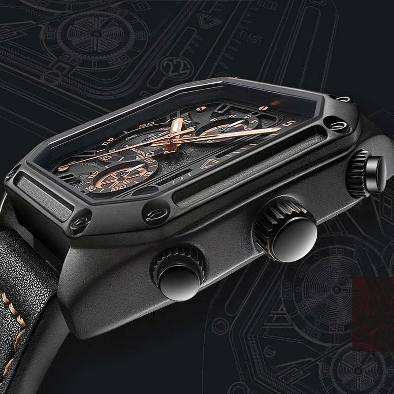 Latest Stainless Steel Skeleton Fashion Octagon Case Design 3ATM Water Resistant Calendar Leather Quartz Watches Sports Watches-1