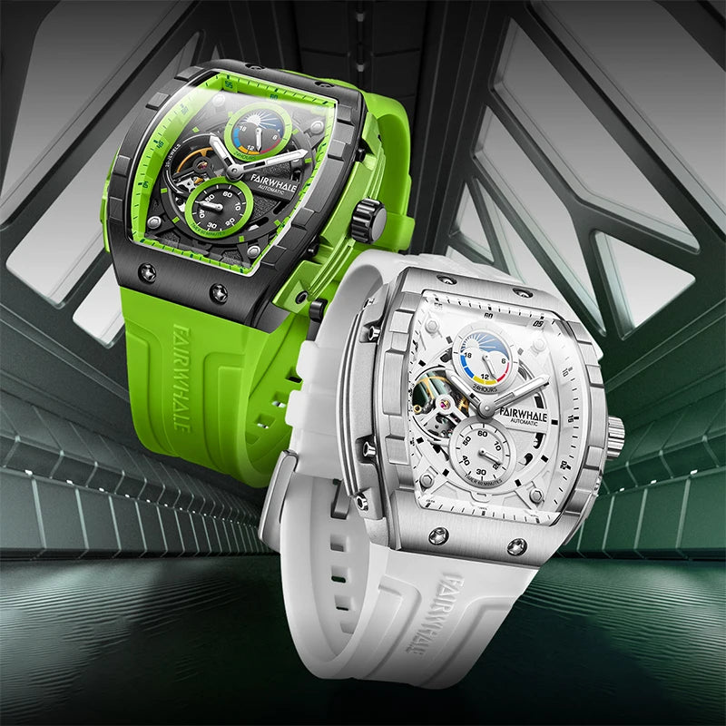 Mark Fairwhale New Design Automatic Mechanical Watch for Man Skeleton Luminous Hands Moon Phase Waterproof Rubber-1