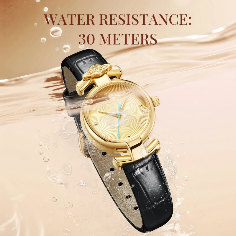 Mark Fairwhale 2026 New Quartz Watch Leather Watchband Gold Dial Vintage Watch Gold Luxury Business Waterproof Ladies Wristwatch-4
