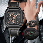 Latest Stainless Steel Skeleton Fashion Octagon Case Design 3ATM Water Resistant Calendar Leather Quartz Watches Sports Watches-0
