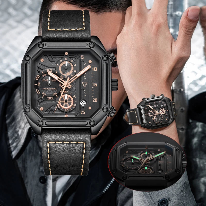Latest Stainless Steel Skeleton Fashion Octagon Case Design 3ATM Water Resistant Calendar Leather Quartz Watches Sports Watches-0