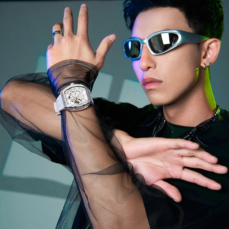 Mark Fairwhale New Design Automatic Mechanical Watch for Man Skeleton Luminous Hands Moon Phase Waterproof Rubber-3