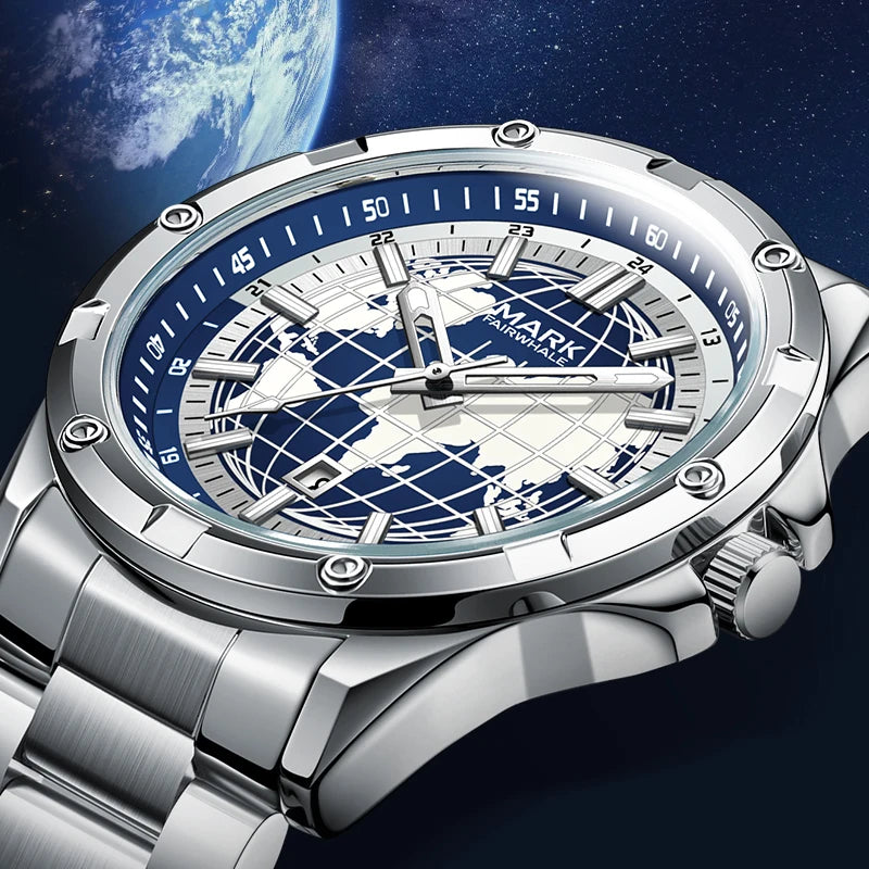 Mark Fairwhale Luxury Automatic Men's Quartz Movement Watch Stainless Steel Band and Luminous Pointer Dial Display Wrisswatch-0