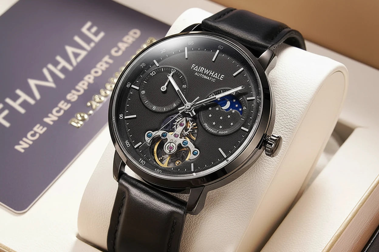 Black Luxury Mechanical Movement Automatic Fashion Leather Strap Men Tourbillon Wrist Watch-3