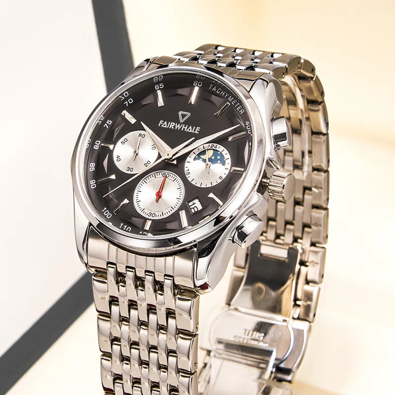 High Quality Fashion Watch Three Eyes Timing Multi-function Quartz Watches for Men Waterproof 3 ATM Moonphase WristWatch-4