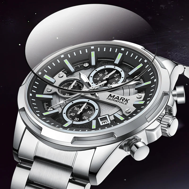 Mark Fairwhale Men Quartz Chronograph Watch Luminous Hands Date 30M Water Resistant Stainless Steel Bracelet Business Wristwatch-1