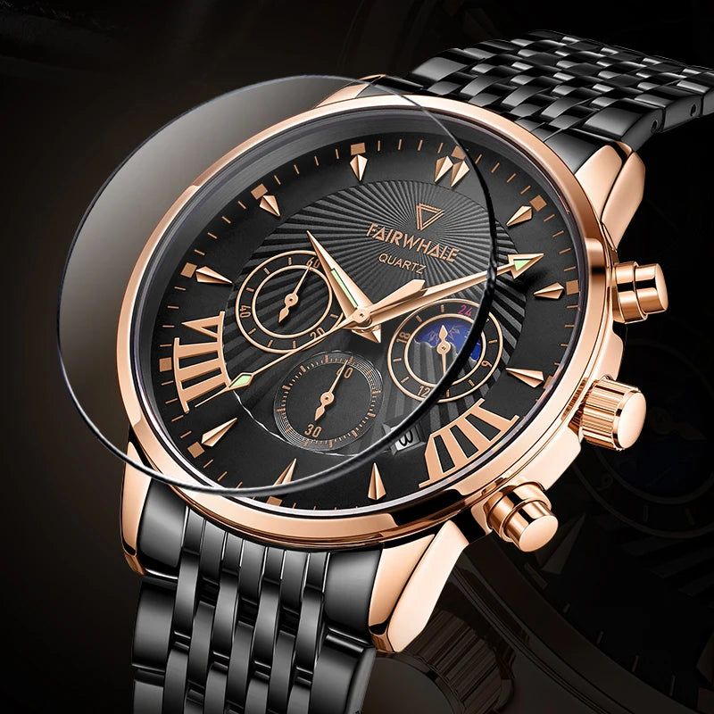 Low MOQ Customize Top Brand Luxury Men Leather Watch Stainless Steel Men Quartz Watches Date Display Multifunctional Watch-1