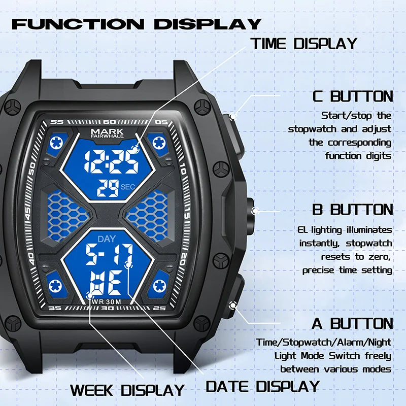 Mark Fairwhale New Design Luminous Electronic Analog Digital Watch Man Waterproof Multifunctional Sport Chrono Watch TPD Strap-4