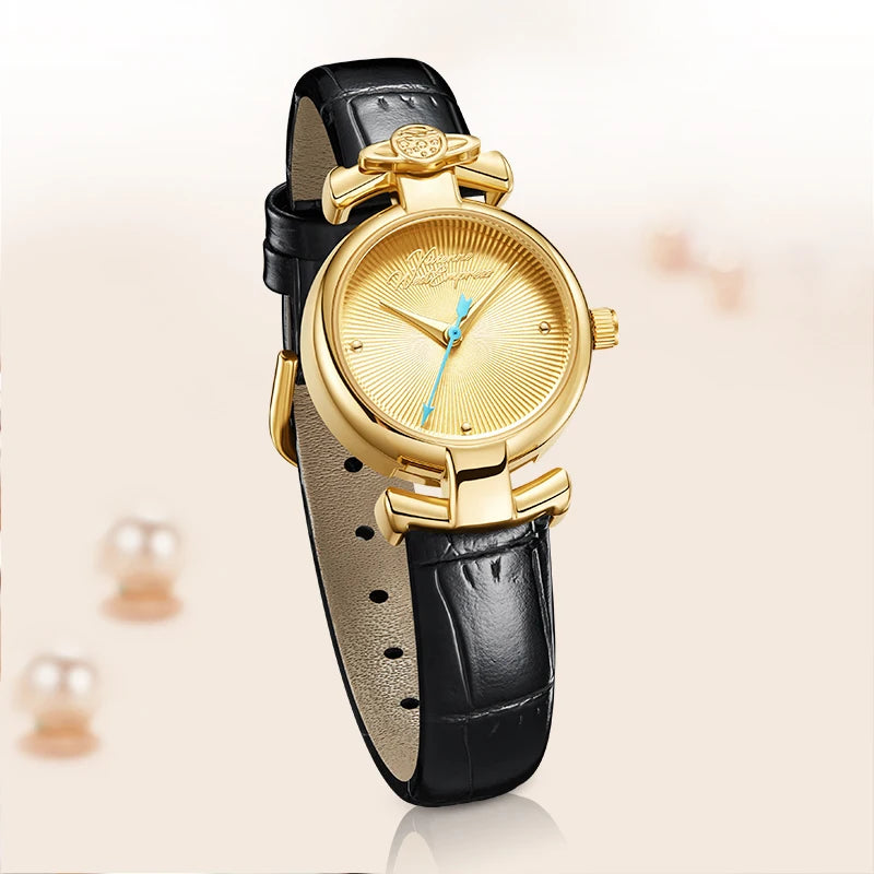 Mark Fairwhale 2026 New Quartz Watch Leather Watchband Gold Dial Vintage Watch Gold Luxury Business Waterproof Ladies Wristwatch-0