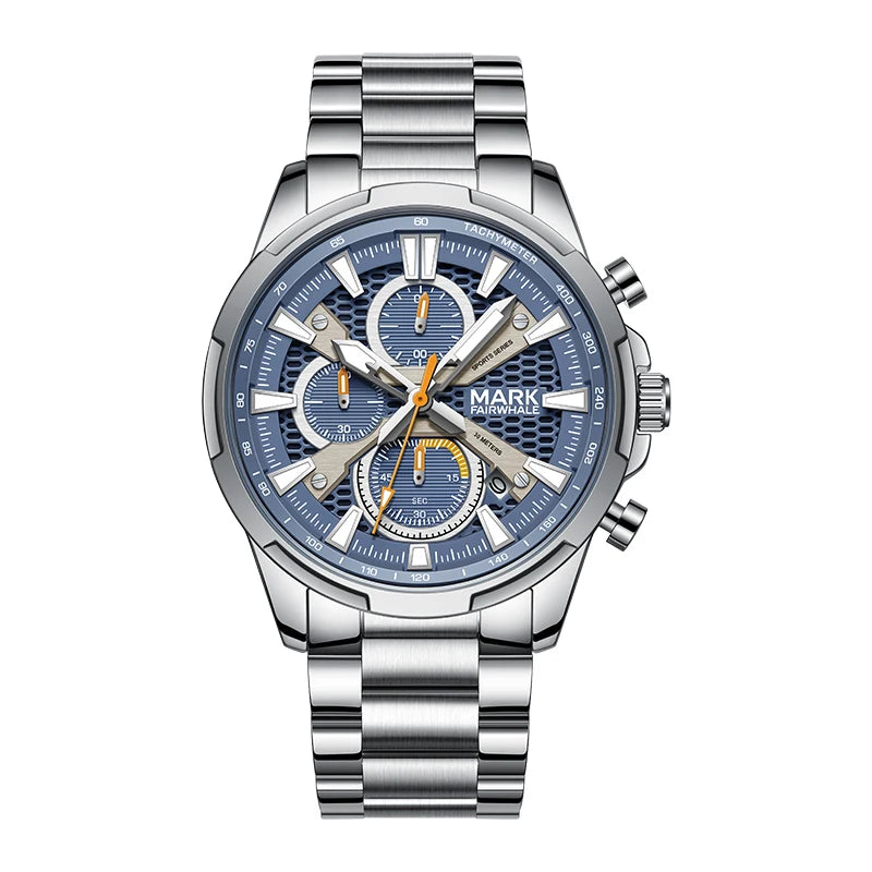 Mark Fairwhale Waterproof Men's  Quartz Watch Stainless Steel Band 3Eye Luminous Dial  Scratch-Resistant Business Chronograph-6