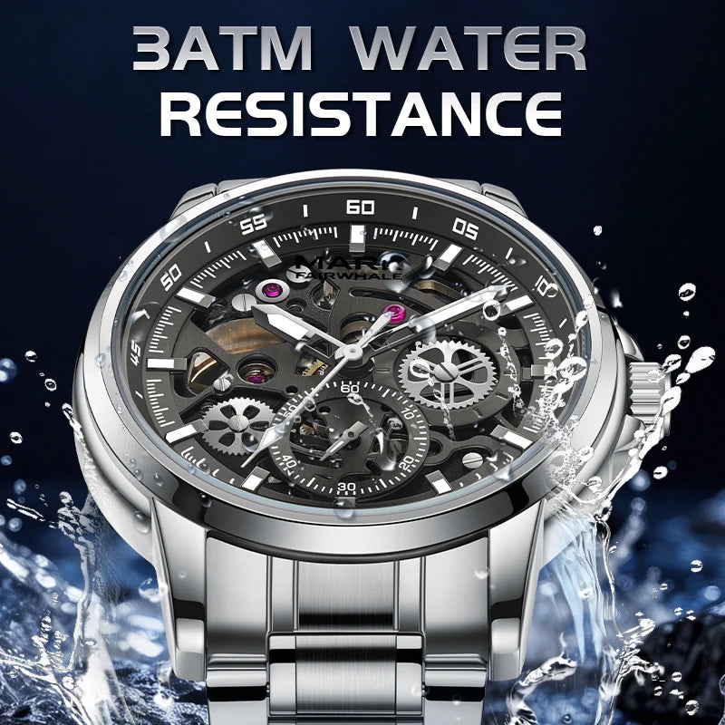 Mark Fairwhale Automatic Mechanical Skeleton Watch Luminous Water Resistant Metal Mens Casual Commute Watch-1