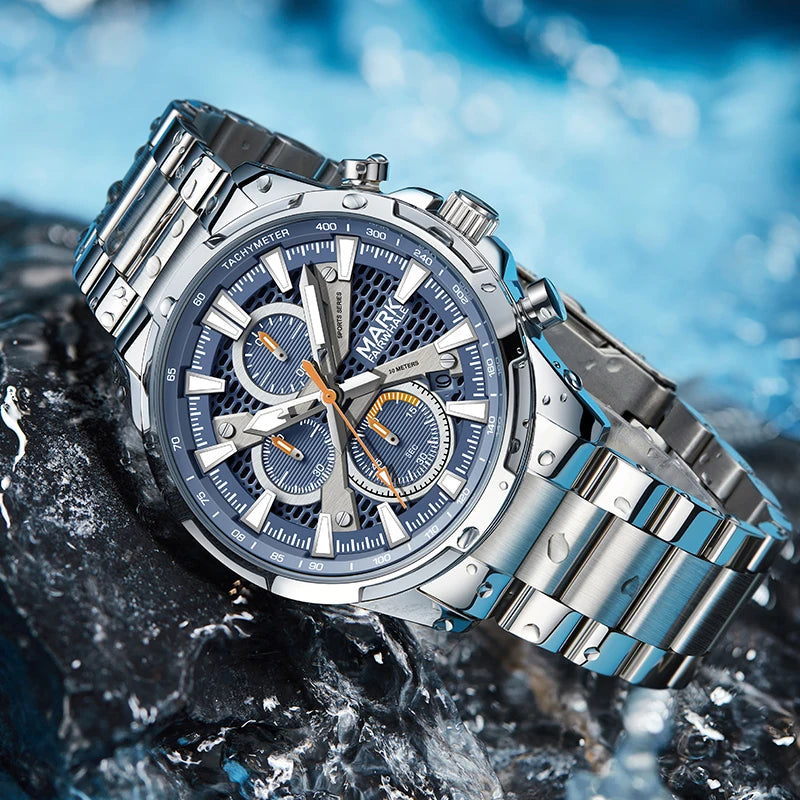Mark Fairwhale Waterproof Men's  Quartz Watch Stainless Steel Band 3Eye Luminous Dial  Scratch-Resistant Business Chronograph-1