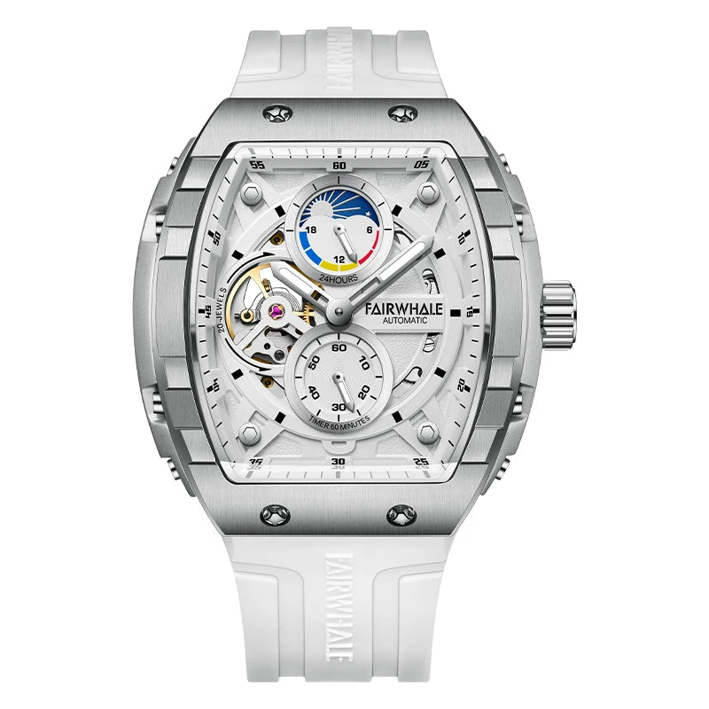 Mark Fairwhale New Design Automatic Mechanical Watch for Man Skeleton Luminous Hands Moon Phase Waterproof Rubber-7