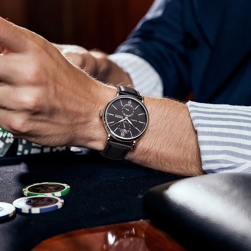 Mark Fairwhale 2023 Business Men Watches Brand Leather Waterproof Sport Quartz Chronograph Watch Men Clock-5