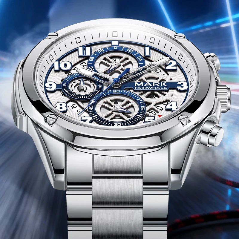 Mark Fairwhale Classic Brand Luxury Stainless Steel Strap Watch Multifunctional Quartz Watch Men Waterproof Chronograph Watch-0