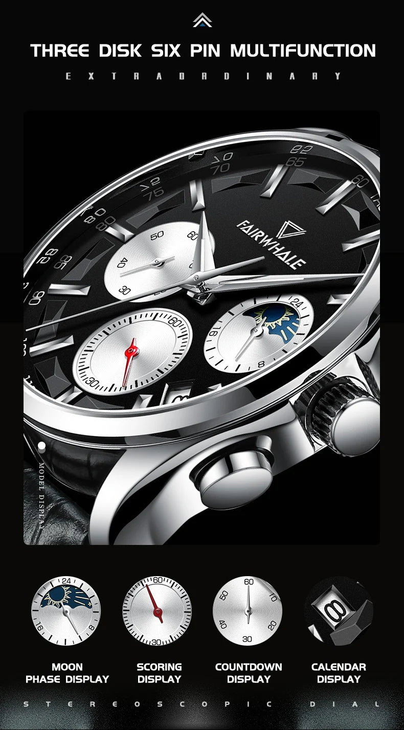 High Quality Fashion Watch Three Eyes Timing Multi-function Quartz Watches for Men Waterproof 3 ATM Moonphase WristWatch-5