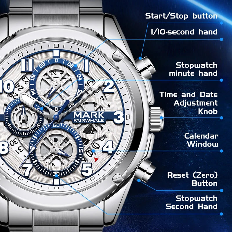 Mark Fairwhale Classic Brand Luxury Stainless Steel Strap Watch Multifunctional Quartz Watch Men Waterproof Chronograph Watch-2