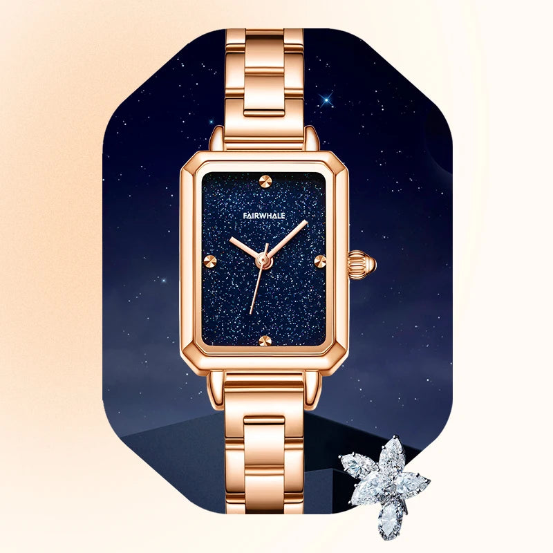 Brand Women Watches Fashion Square Ladies Quartz Watch Bracelet Set Green or Blue Dial Simple Rose Gold Stainless Luxury Watch-3