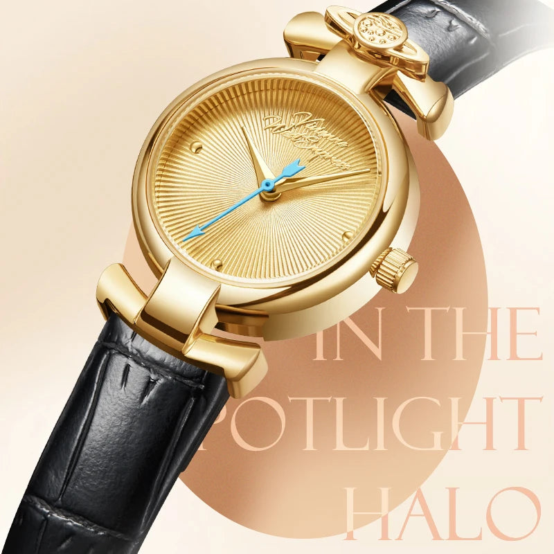 Mark Fairwhale 2026 New Quartz Watch Leather Watchband Gold Dial Vintage Watch Gold Luxury Business Waterproof Ladies Wristwatch-1