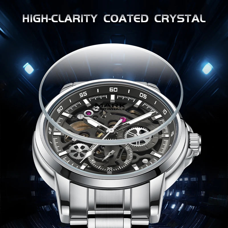 Mark Fairwhale Automatic Mechanical Skeleton Watch Luminous Water Resistant Metal Mens Casual Commute Watch-3