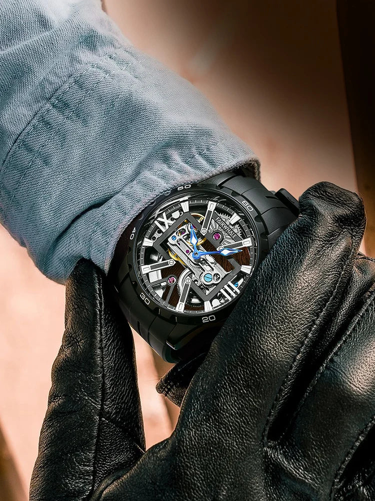 Luxury Business Steel Strap Watch Original Automatic Mechanical Skeleton Transparent Mechanical Watch for Men-4