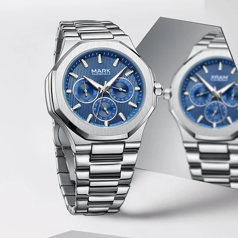 Fashion Water Resistant Stainless Steel Mutli-function Quartz Movement Wrist Watches for Men-0