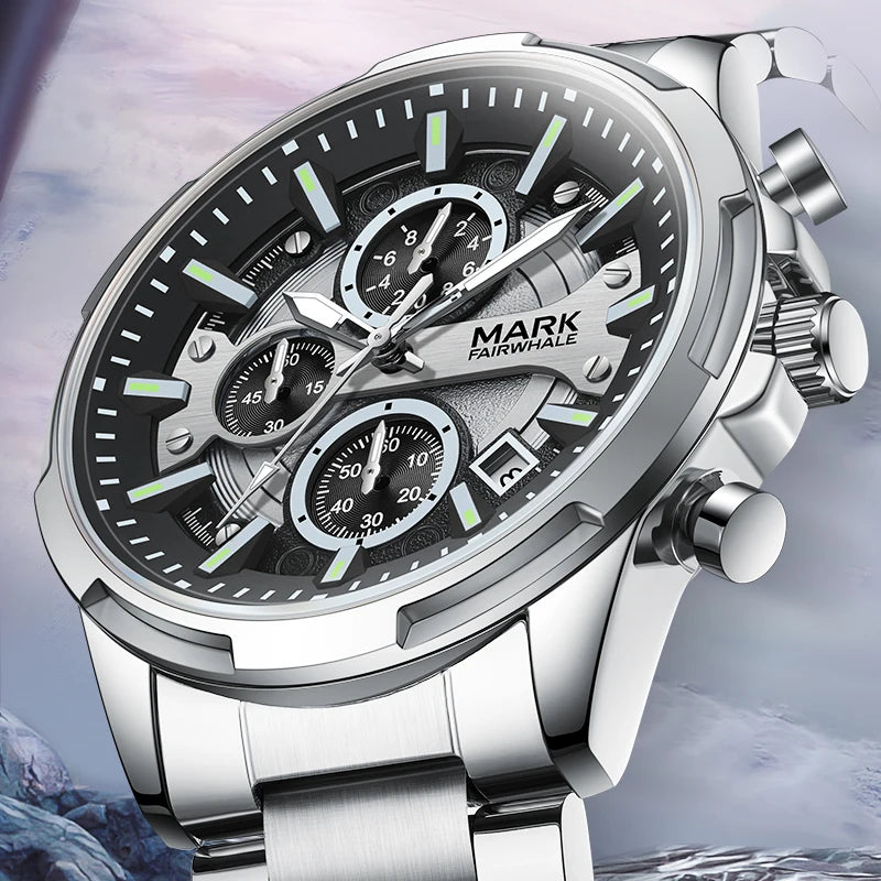 Mark Fairwhale Men Quartz Chronograph Watch Luminous Hands Date 30M Water Resistant Stainless Steel Bracelet Business Wristwatch-0