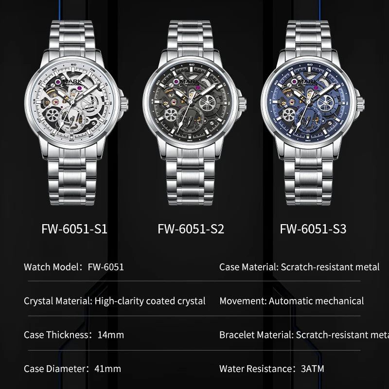 Mark Fairwhale Automatic Mechanical Skeleton Watch Luminous Water Resistant Metal Mens Casual Commute Watch-5