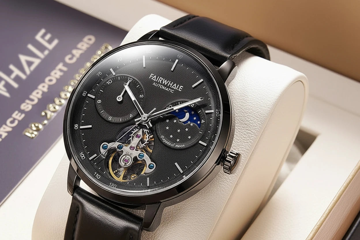 Black Luxury Mechanical Movement Automatic Fashion Leather Strap Men Tourbillon Wrist Watch-7