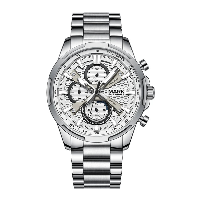 Mark Fairwhale Waterproof Men's  Quartz Watch Stainless Steel Band 3Eye Luminous Dial  Scratch-Resistant Business Chronograph-8