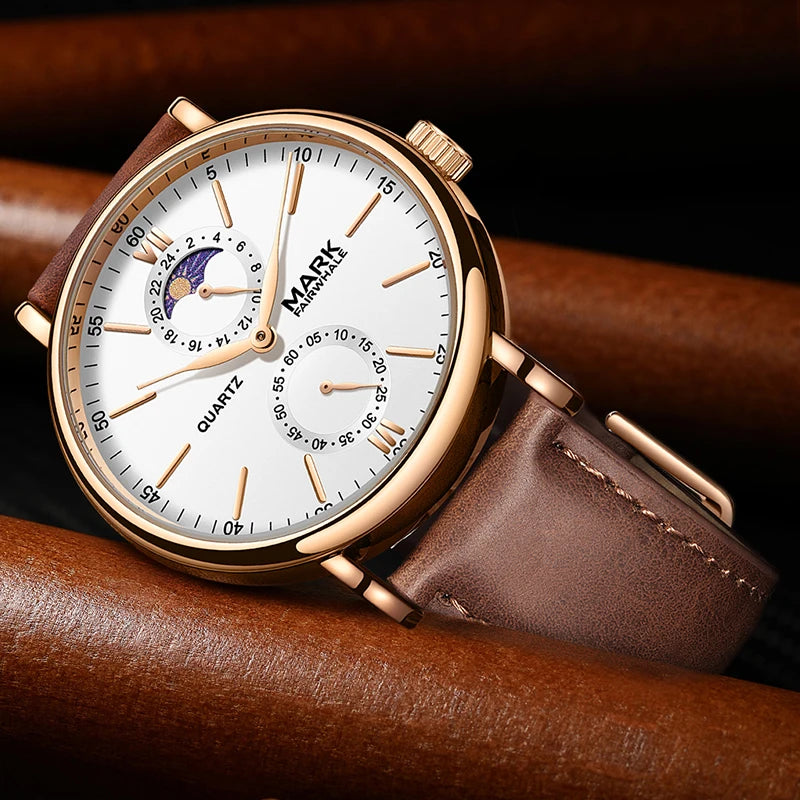 Mark Fairwhale 2023 Business Men Watches Brand Leather Waterproof Sport Quartz Chronograph Watch Men Clock-0