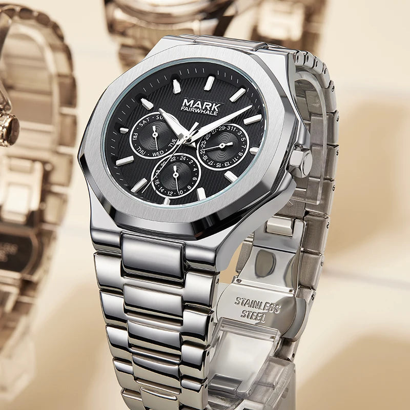 Fashion Water Resistant Stainless Steel Mutli-function Quartz Movement Wrist Watches for Men-0