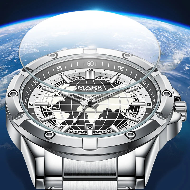 Mark Fairwhale Luxury Automatic Men's Quartz Movement Watch Stainless Steel Band and Luminous Pointer Dial Display Wrisswatch-2