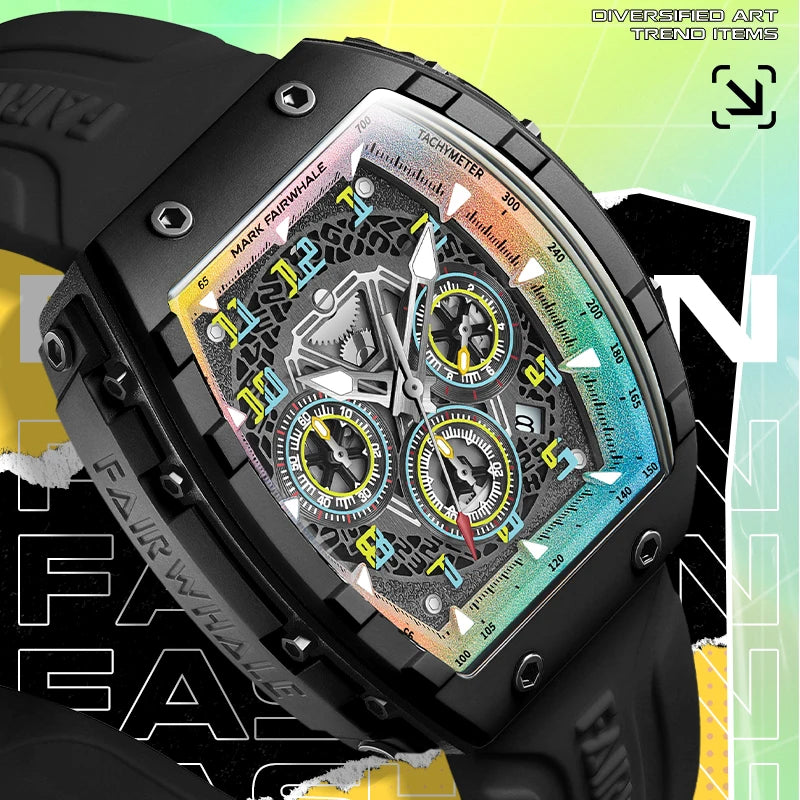 Mark Fairwhale New Trend Mens Watch Tonneau Dial Chronograph Calendar Luminous Quartz Watches for Men-1