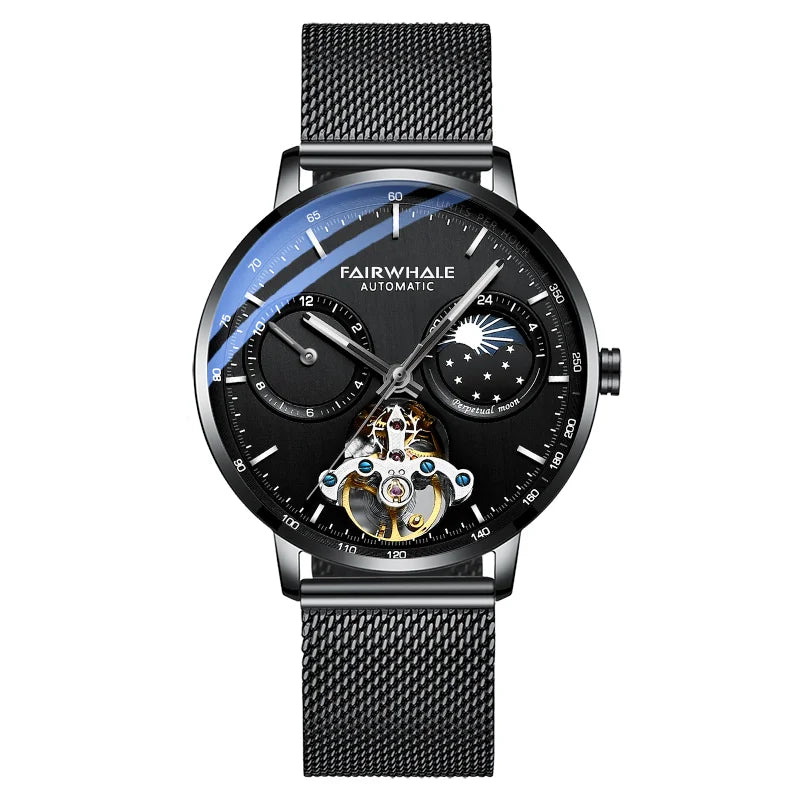 Black Luxury Mechanical Movement Automatic Fashion Leather Strap Men Tourbillon Wrist Watch-0