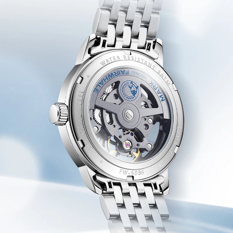 Mark Fairwhale Luxury Skeleton Design Wrist Watch Stainless Steel Strap Waterproof Business Automatic Mens Mechanical Watches-2