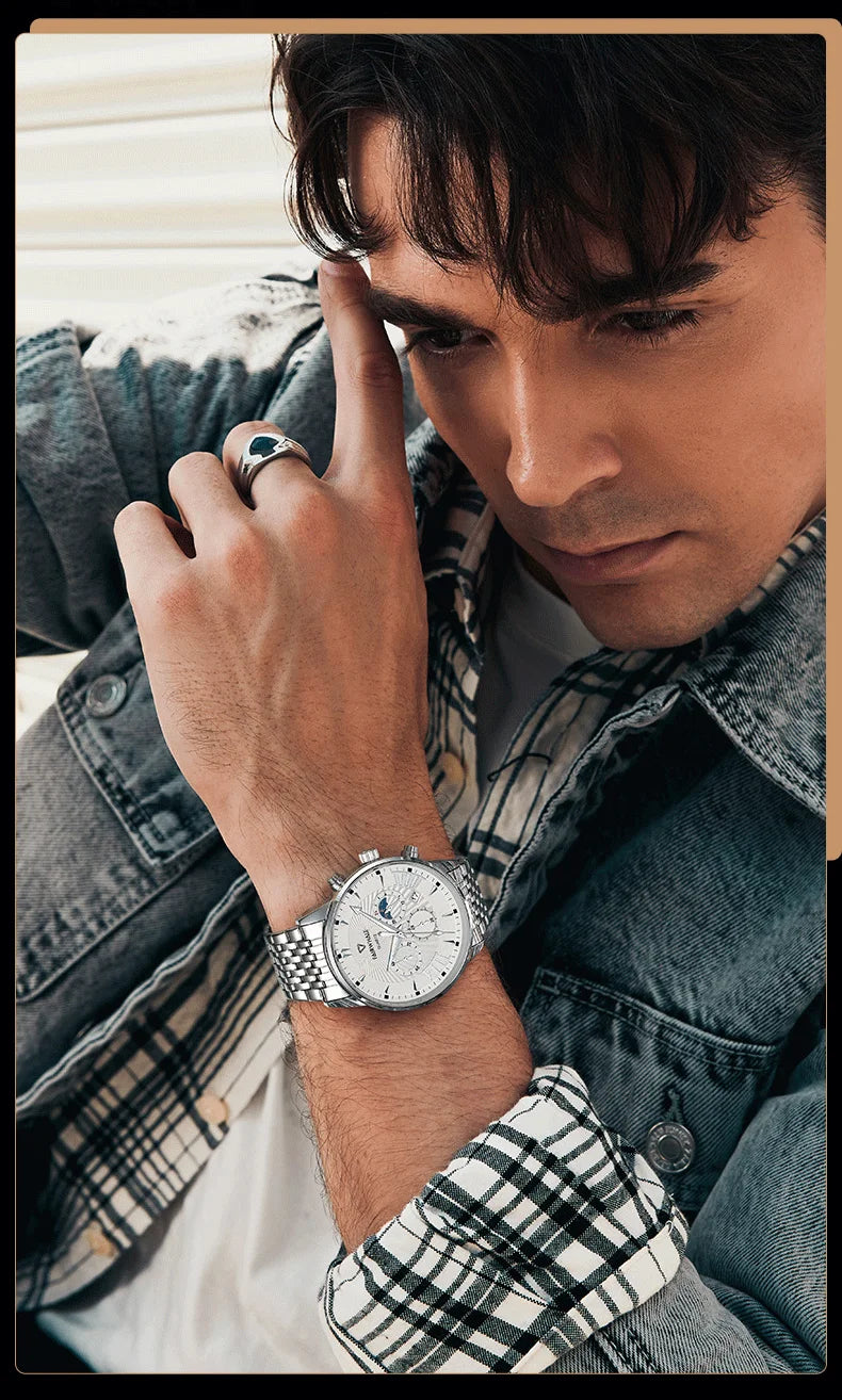 Low MOQ Customize Top Brand Luxury Men Leather Watch Stainless Steel Men Quartz Watches Date Display Multifunctional Watch-4