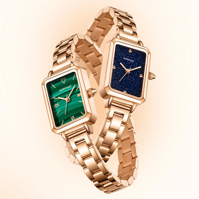 Brand Women Watches Fashion Square Ladies Quartz Watch Bracelet Set Green or Blue Dial Simple Rose Gold Stainless Luxury Watch-0