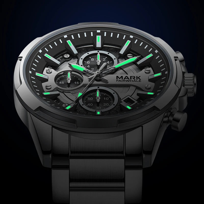 Mark Fairwhale Men Quartz Chronograph Watch Luminous Hands Date 30M Water Resistant Stainless Steel Bracelet Business Wristwatch-2