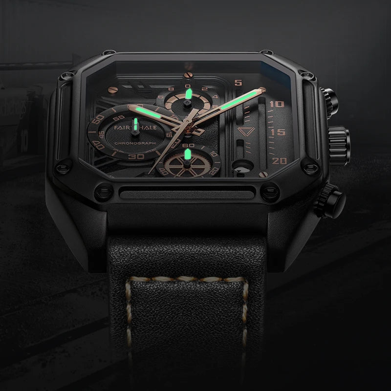 Latest Stainless Steel Skeleton Fashion Octagon Case Design 3ATM Water Resistant Calendar Leather Quartz Watches Sports Watches-4